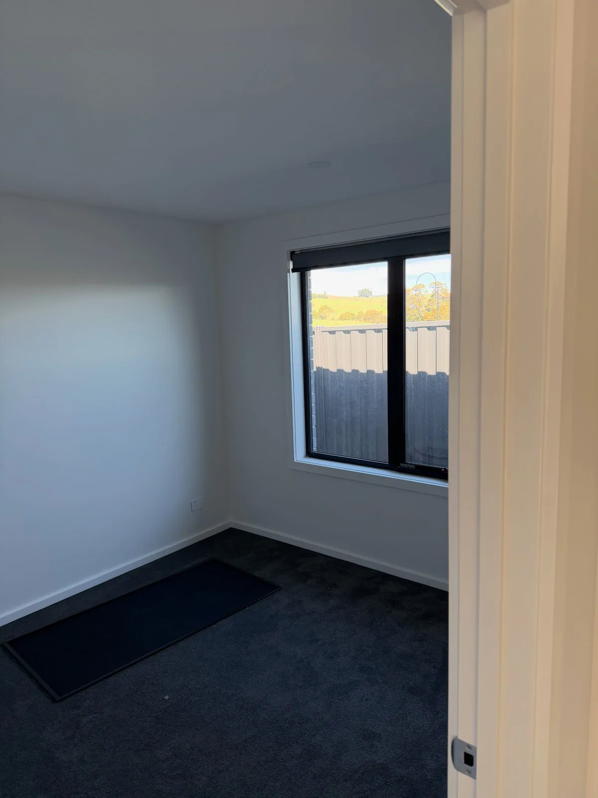 Bedroom with carpet and a black-framed window